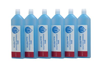 Horiba calibration solution 12.9 mS/cm white bottle with blue cap, front view
